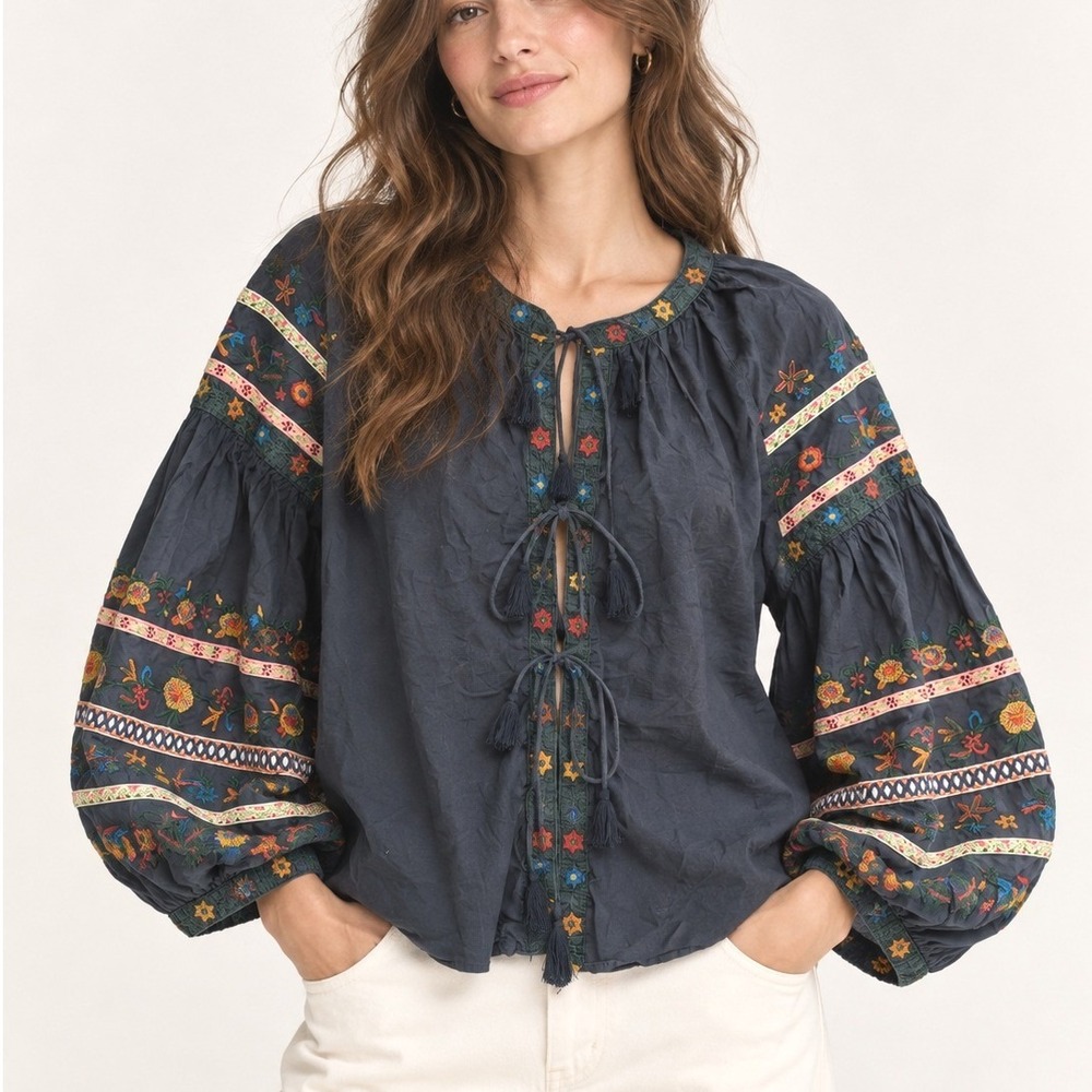 Zara Trafaluc Embroidered Boho Blouse Charcoal Gray Tassel Balloon Sleeve S Flaw